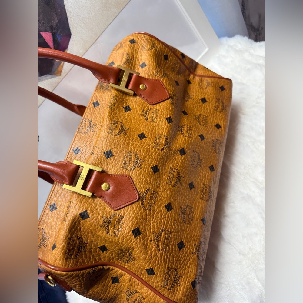 MCM Cognac Visetos Monogram Boston Bag with Gold Hardware - Picture 10 of 13